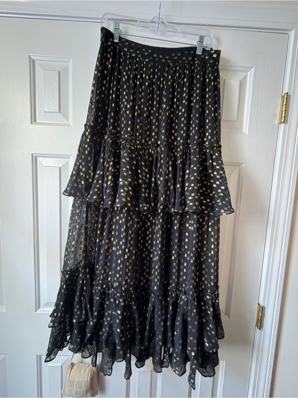 Rococo Sand Black Tiered‎ Ruffle Maxi Skirt with Gold Dot Print. Sz M